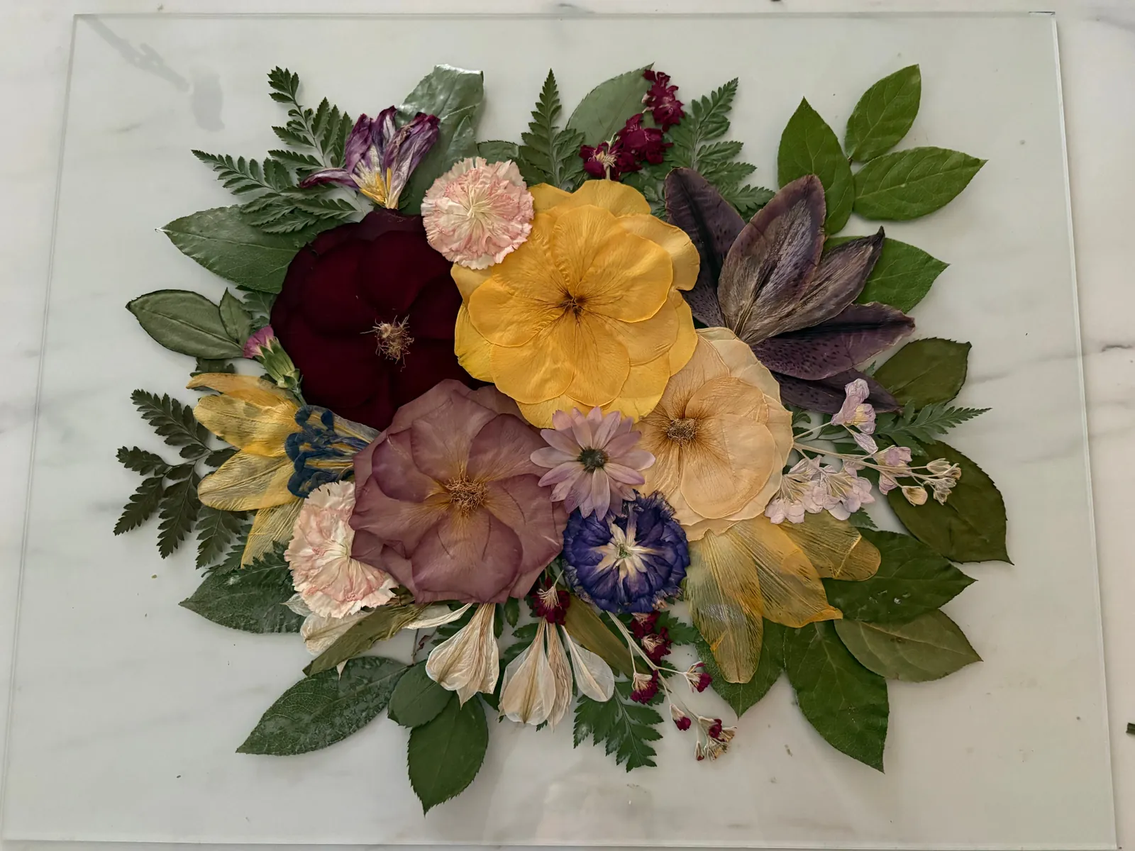 Preserved wedding bouquet pressed in a wooden frame